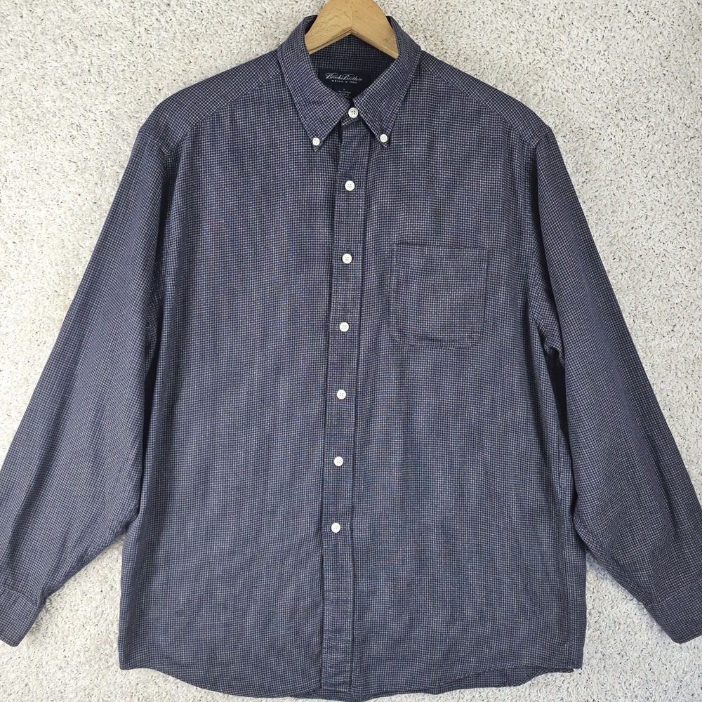 Brooks Brothers Woven In Italy Button Up Navy Dress Shirt Men's Large Crosshatch